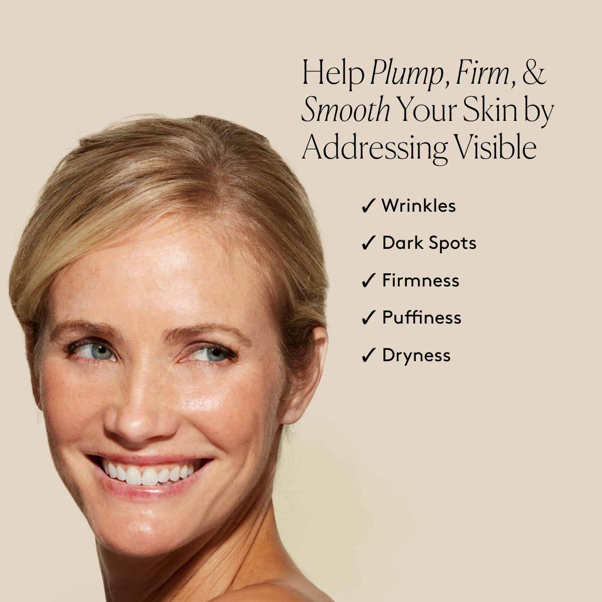 
                
                  Smiling model with radiant-looking skin beside text listing visible improvement in wrinkles, dark spots, and tone
                
              