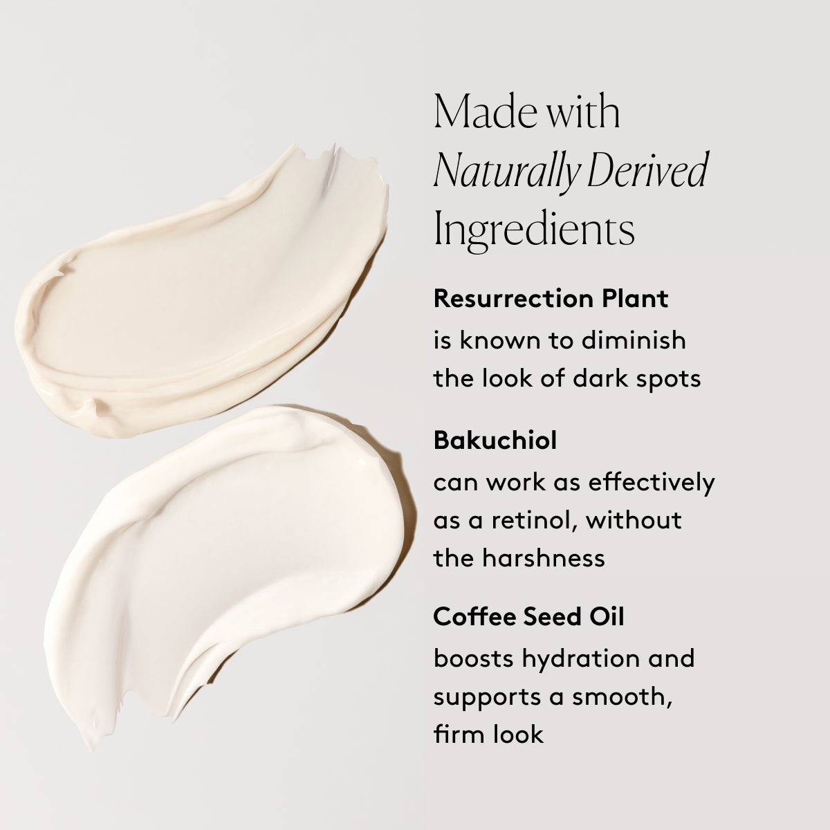 
                
                  Retinol-Alternative Duo key ingredients graphic with Resurrection Plant, Bakuchiol, and Coffee Seed Oil beside product swatches
                
              