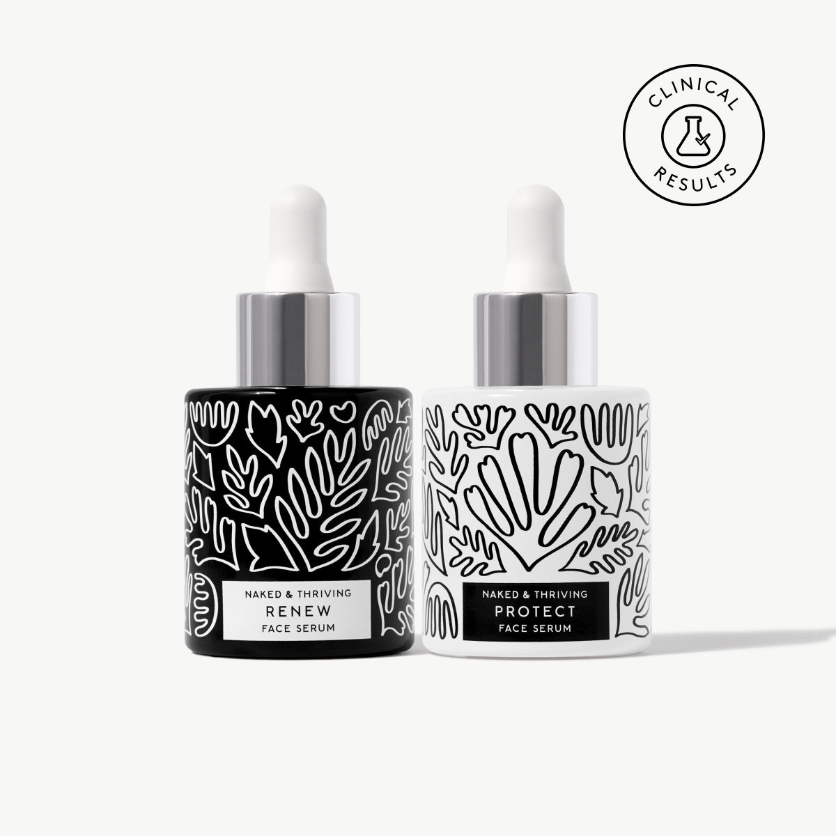 
                
                  Naked & Thriving The Serum Set with Renew Resurfacing Night Serum and Protect Antioxidant Face Serum in botanical-patterned dropper bottles
                
              