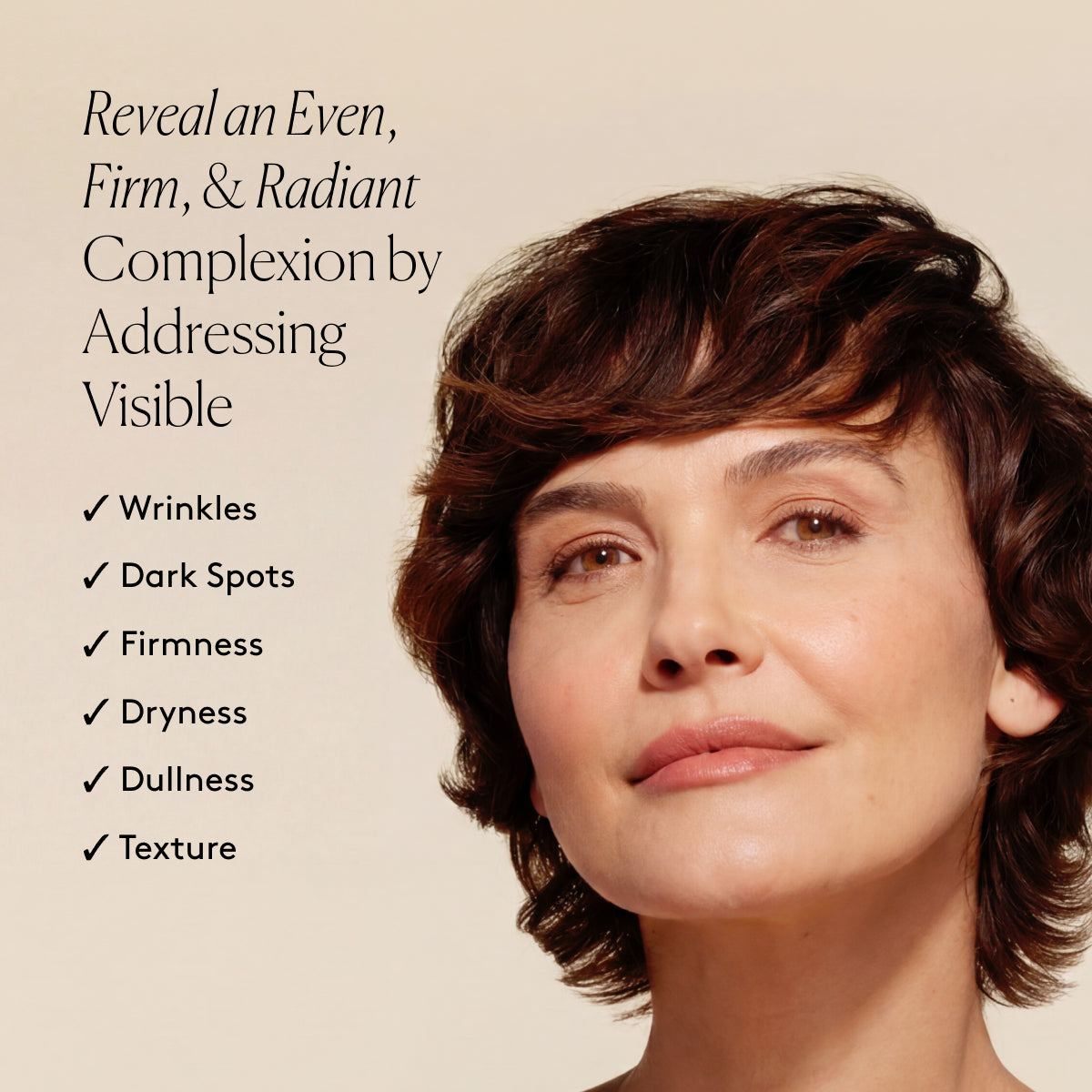 
                
                  Smiling model with radiant-looking skin beside text listing visible improvement in wrinkles, dark spots, and tone
                
              