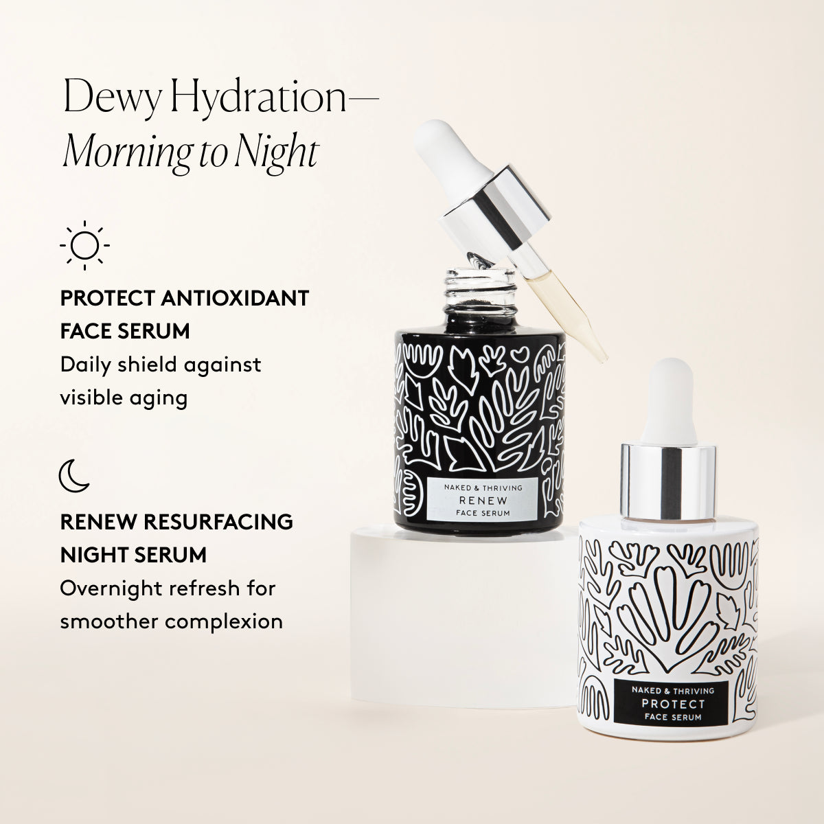 
                
                  Morning-to-night serum routine featuring Protect Antioxidant Face Serum and Renew Resurfacing Night Serum
                
              