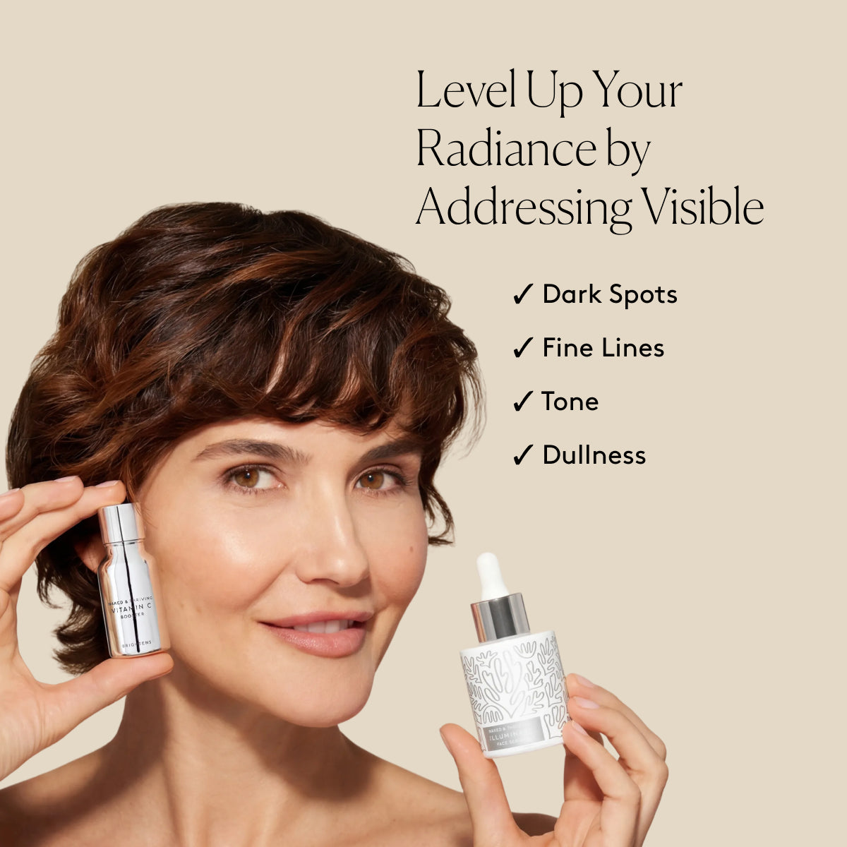 
                
                  Smiling model with radiant-looking skin beside text listing visible improvement in dark spots, fine lines, tone, and dullness
                
              