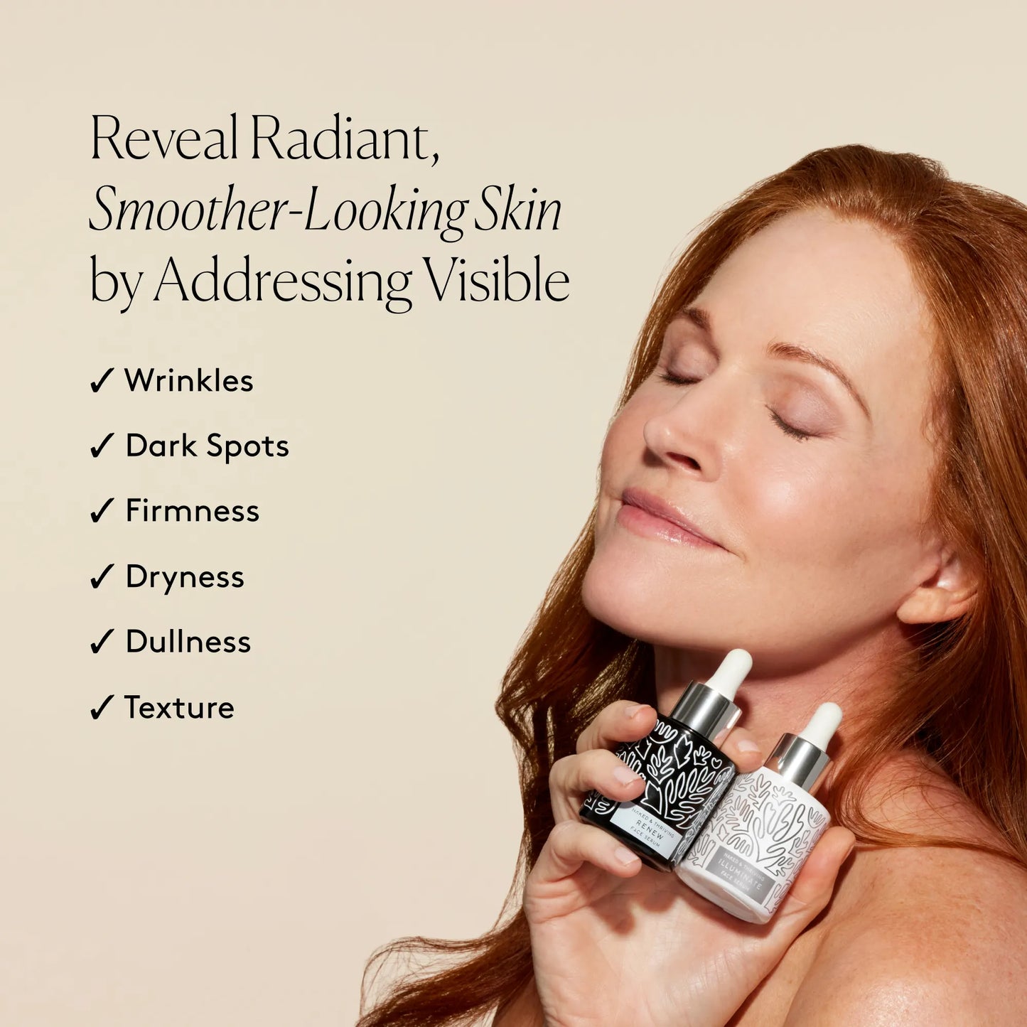 
                
                  Smiling model with radiant-looking skin holding the Wrinkle-Fighter Set beside text about smoother-looking skin
                
              