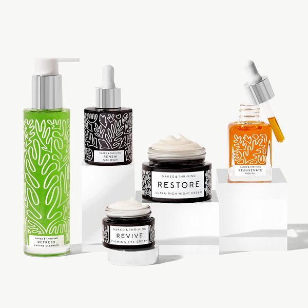 Naked & Thriving Wrinkle-Fighting Ritual of botanical-patterned bottles and jars